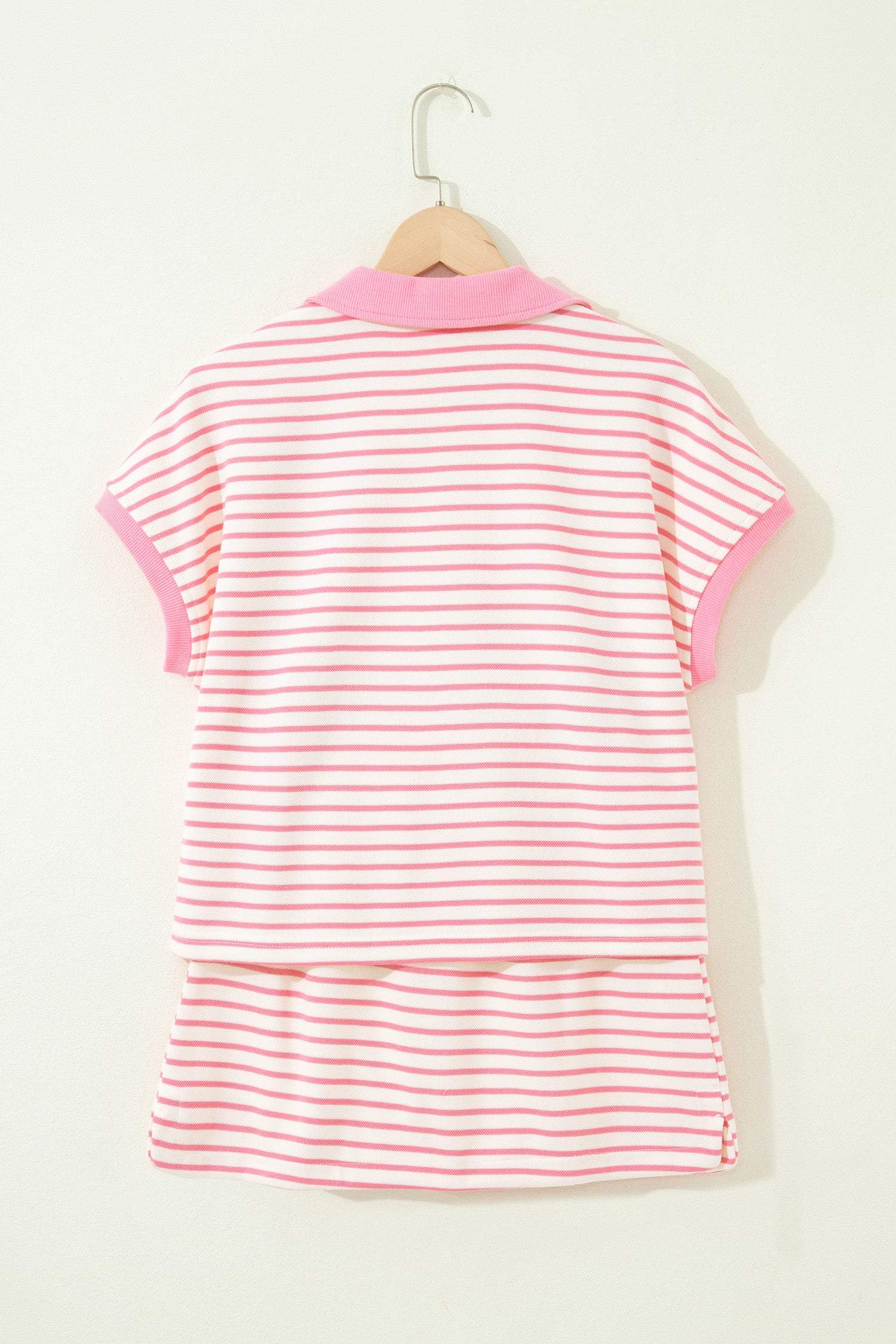 Pink Stripe Color Block Patchwork Polo Tee Drawstring Elastic Waist 2pcs Skort Set