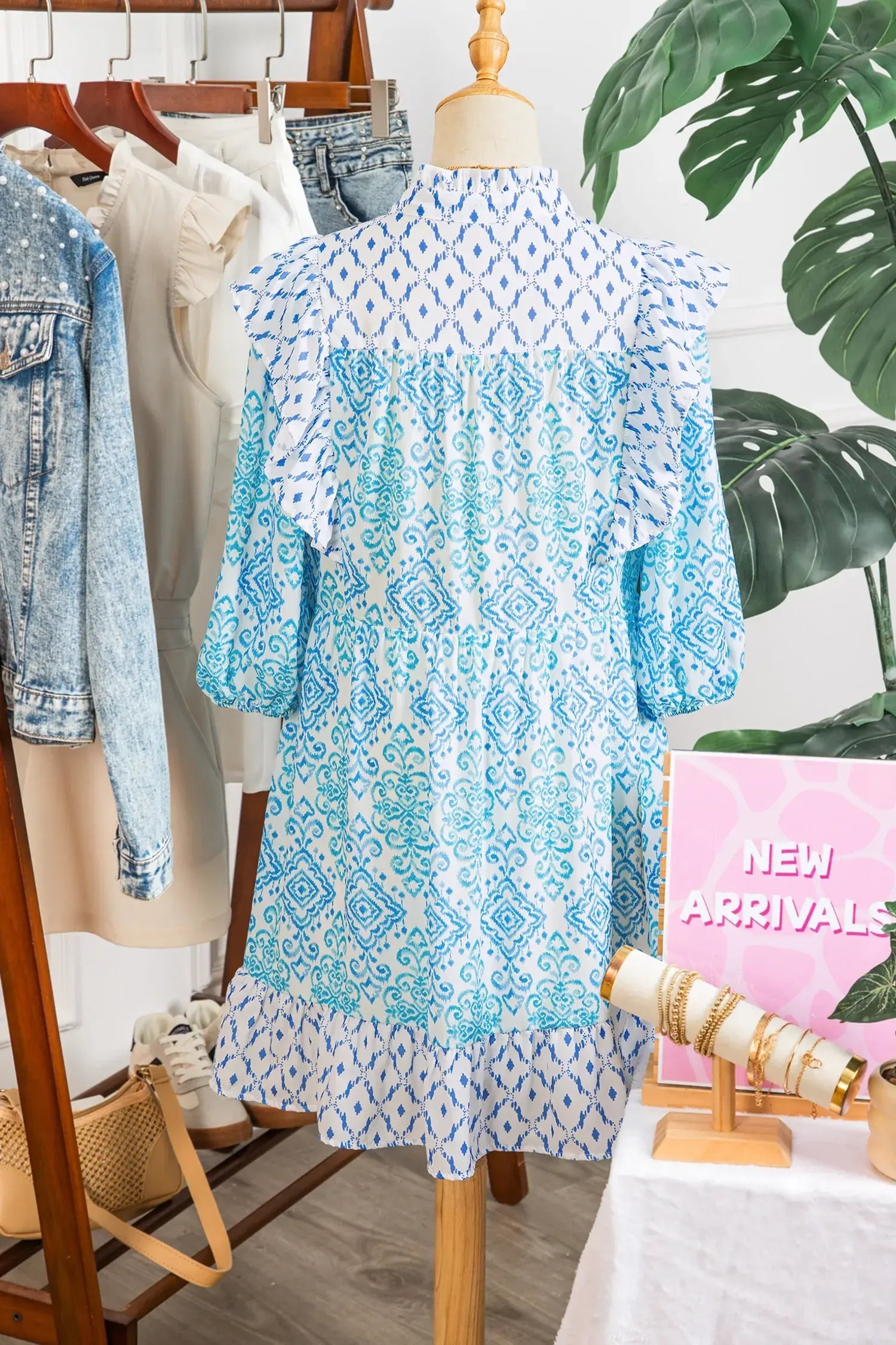 Sky Blue Boho Floral Geometric Patchwork Ruffle Detail Puff Sleeve Mini Dress