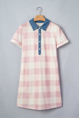 Pink Waffle Plaid Print Contrast Denim Shirt Collar Buttoned T Shirt Mini Dress
