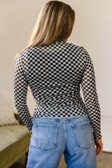 Black Plaid Stand Neck Long Sleeve Mesh Top