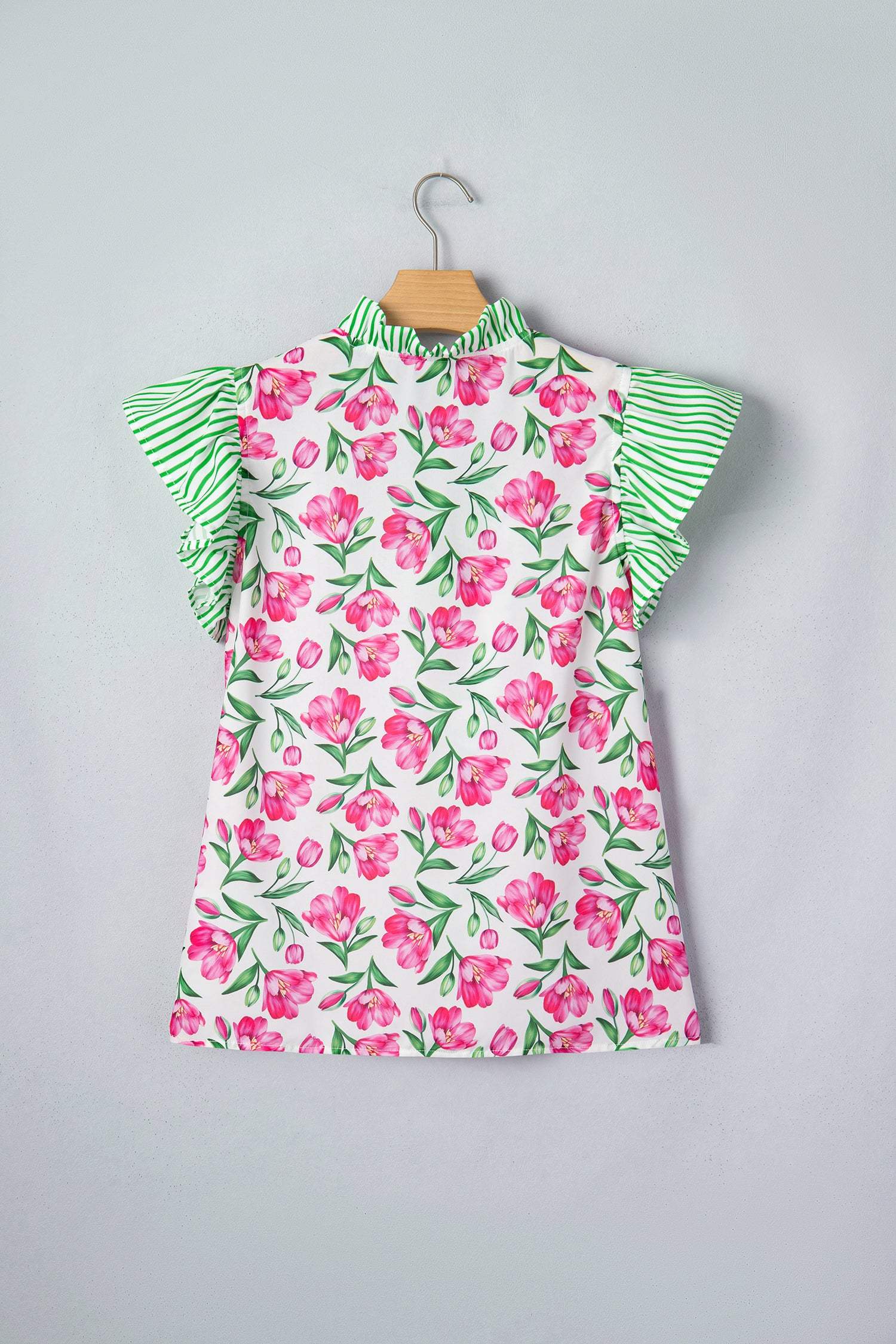 Multicolour Sweet Floral Print Striped Ruffle Trim V Neck Blouse