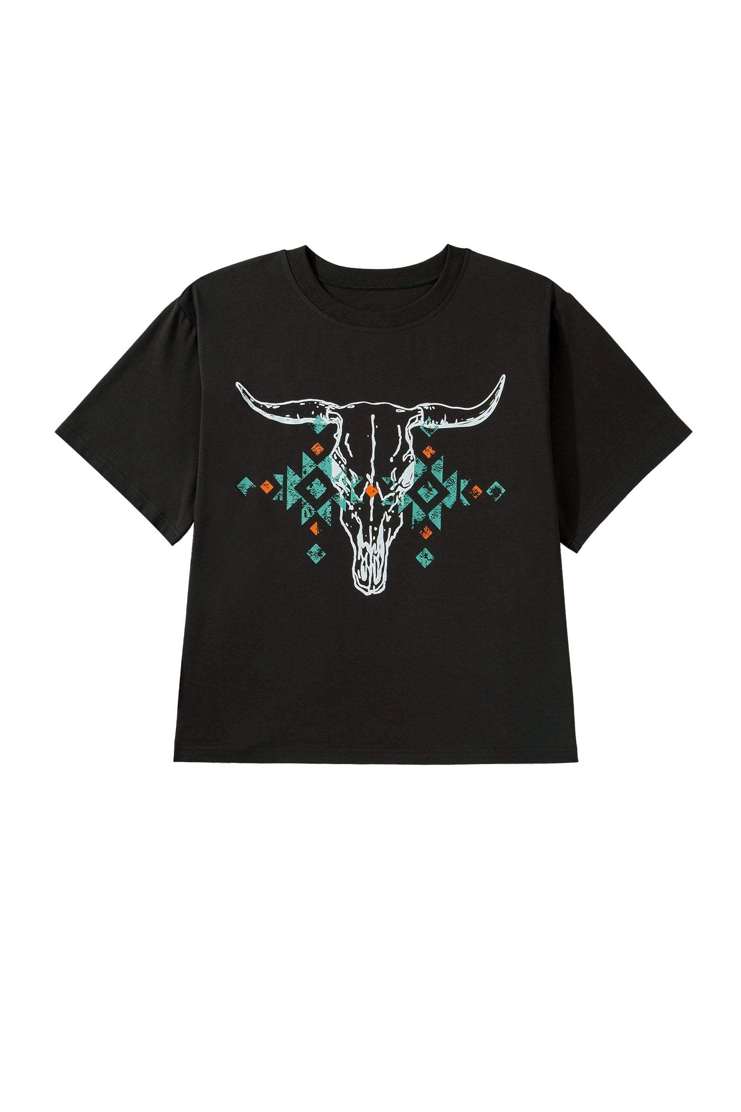 Carbon Grey Plus Size Western Aztec Bull Skull Printed T Shirt
