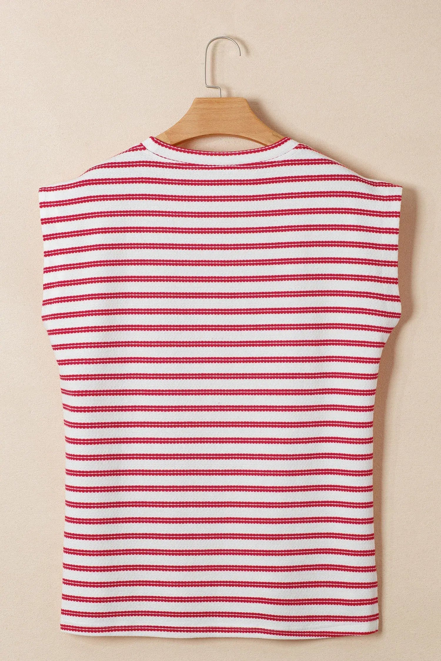 Red Stripe Textured Knit Button Detail Short Sleeve Casual Tee