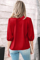 Fiery Red Solid Color Frilled V Neck Bow Detail 3/4 Sleeve Blouse