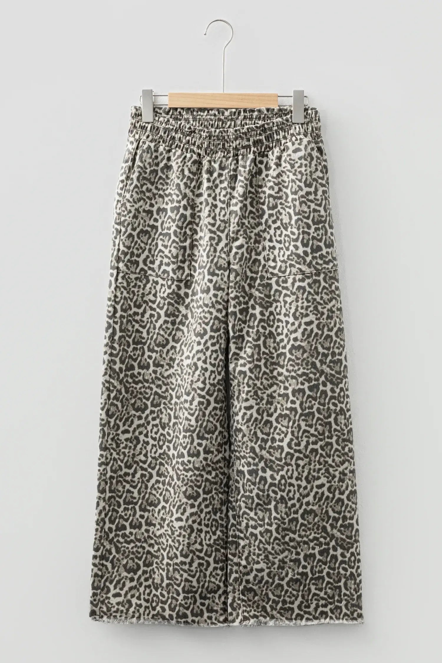 Brown Leopard Print Raw Hem Elastic Waist Loose Pull On Jeans