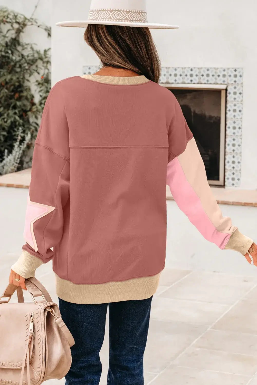 Rose Pink Contrast Star Patchwork Exposed Seam Uneven Hem Drop Shoulder Sweatshirt