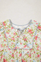 Apricot Striped Edge 3/4 Puff Sleeve Floral Dress