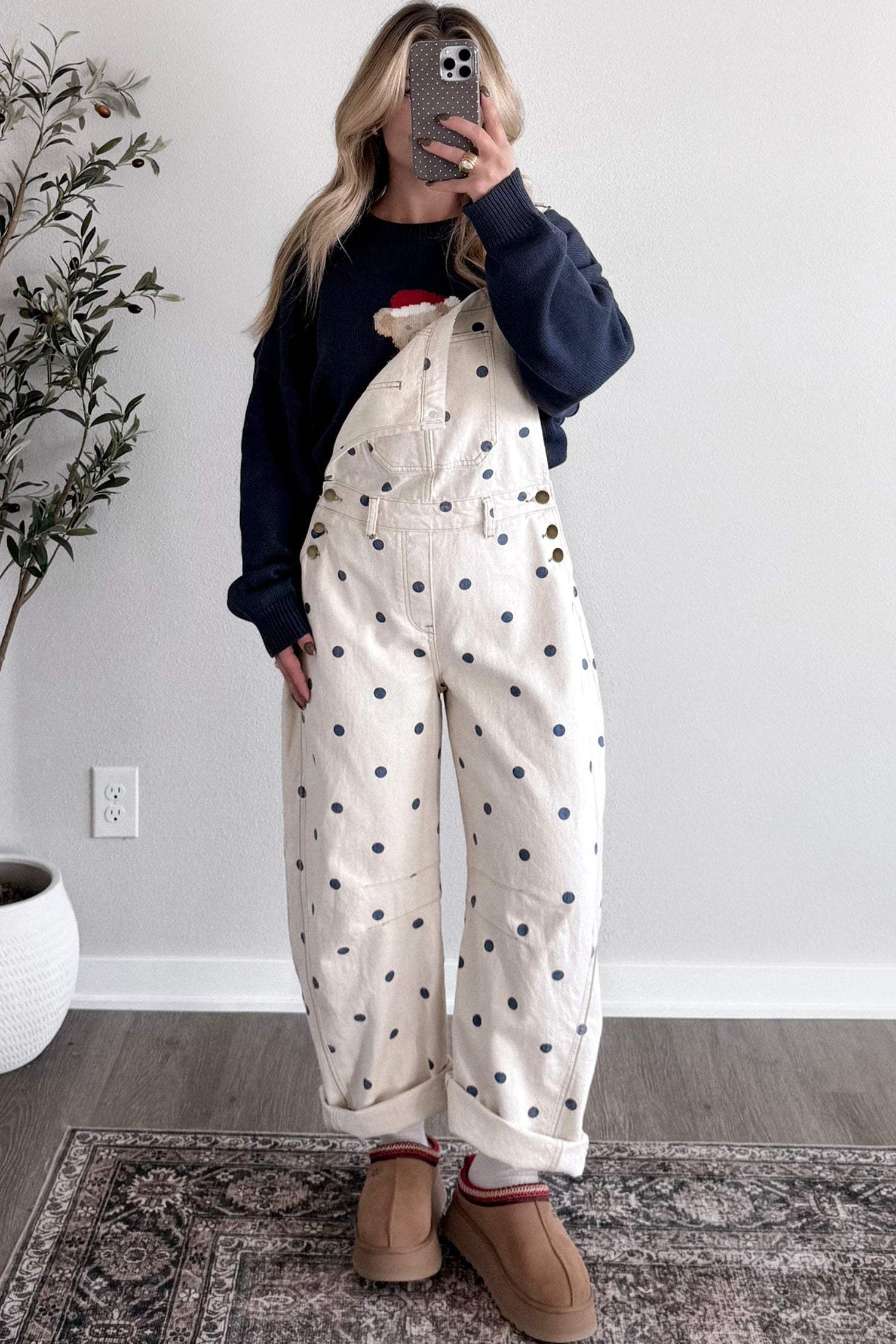 Light French Beige Polka Dot Print Bib Pocket Denim Barrel Overalls Jumpsuit