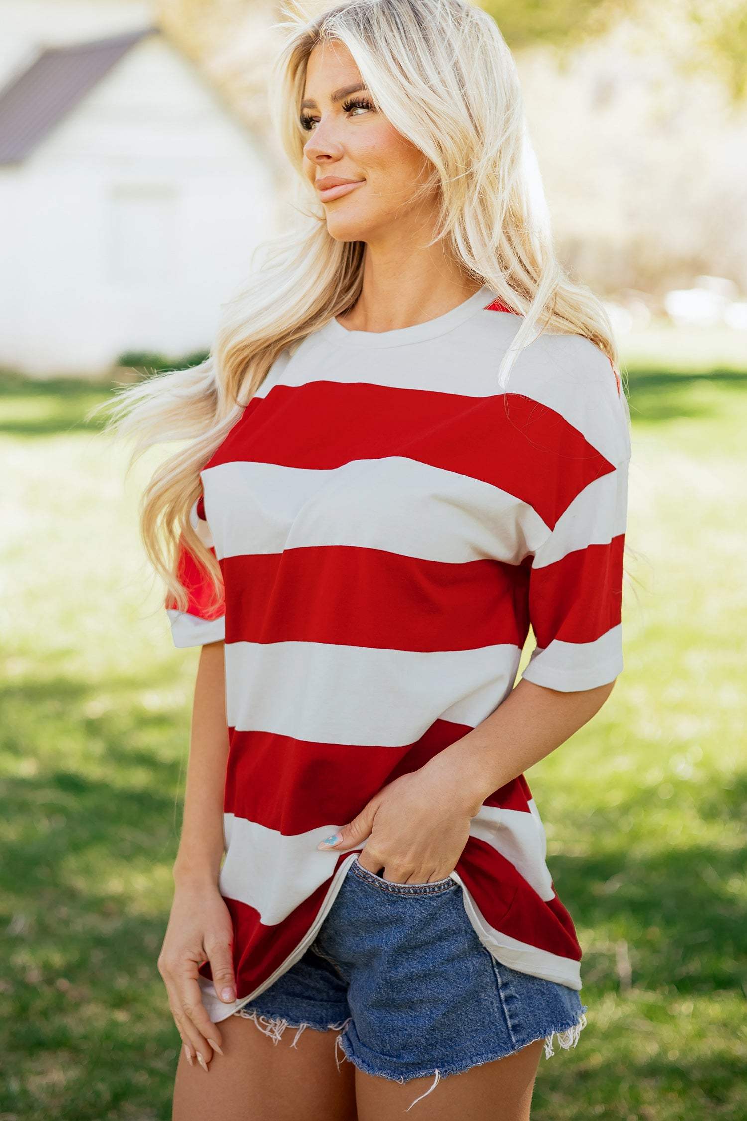 Bright Pink Striped Color Block Oversize Tunic Tee
