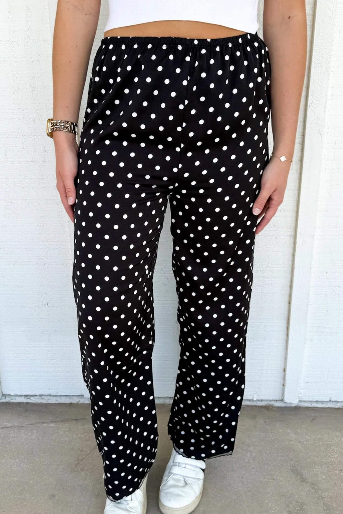 Black Polka Dot Print Elastic Waist Lace Hem Loose Pants