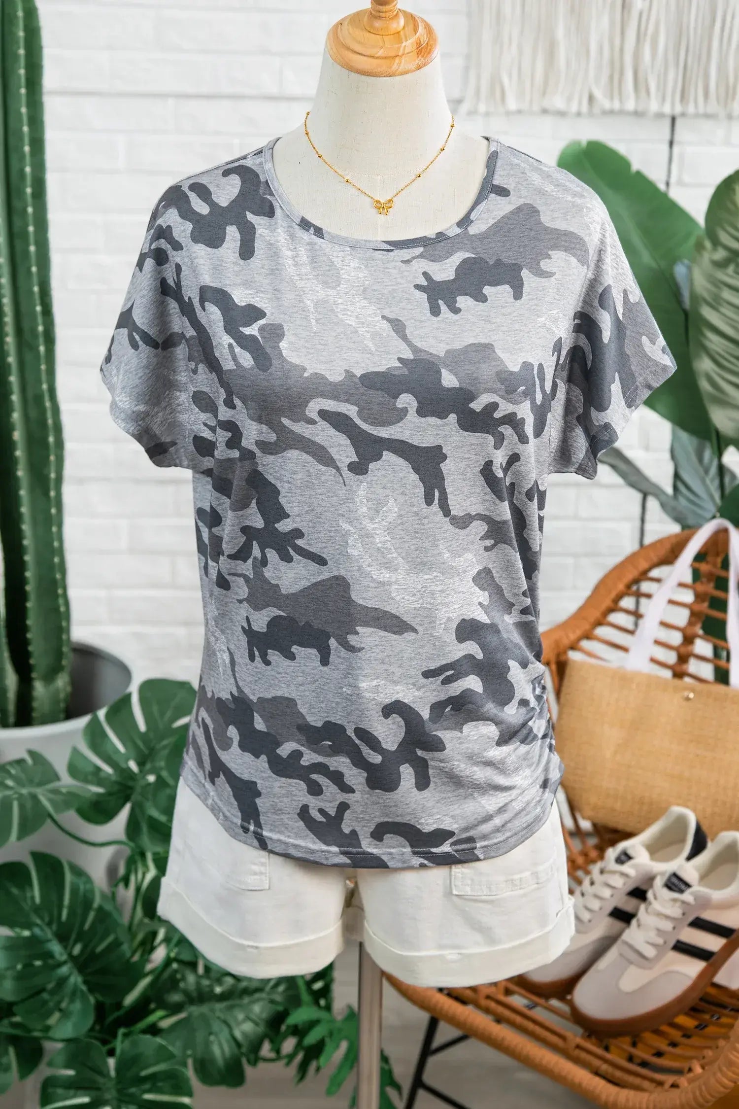 Gray Camouflage Print Round Neck T Shirt