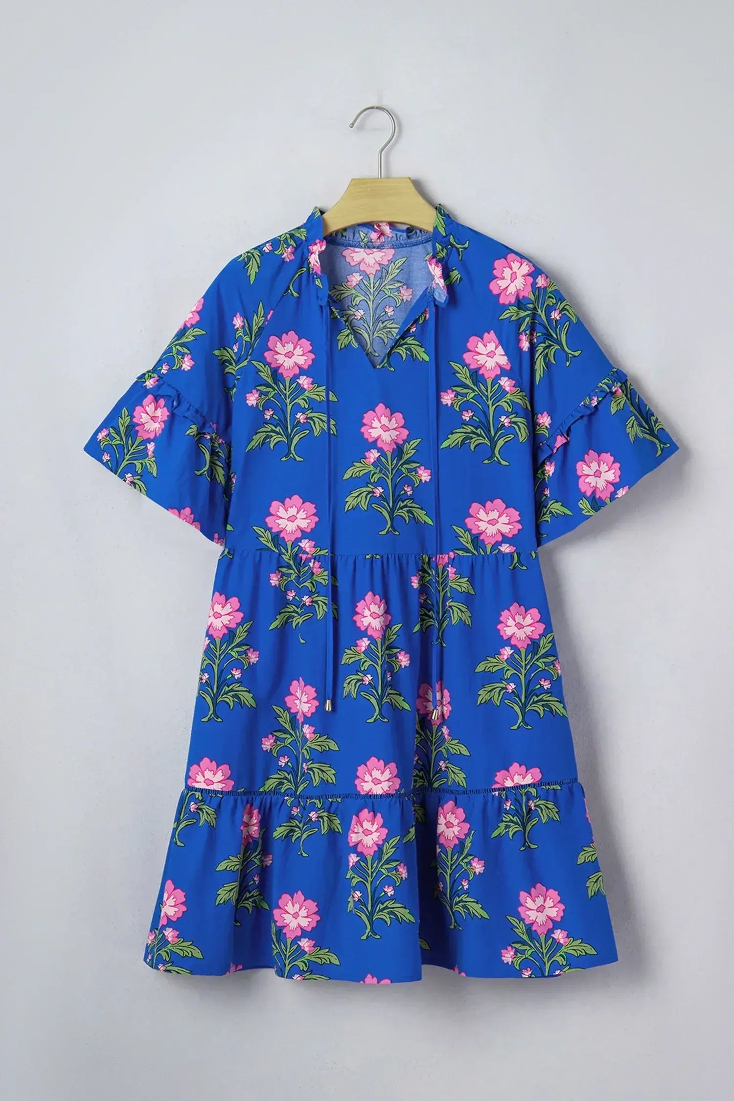 Blue V Neck Short Sleeve Loose Flower Dress