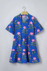 Blue V Neck Short Sleeve Loose Flower Dress