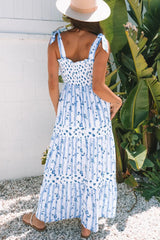 Sky Blue Floral Smocked Tied Straps A-Lined Tiered Maxi Dress