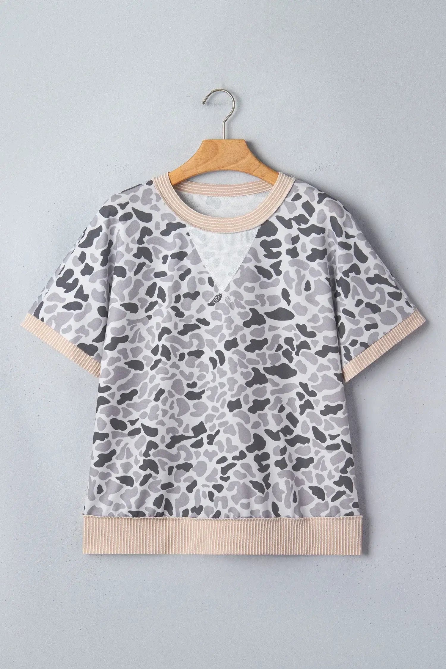 Gray Camouflage Print Twisted Ribbed Patchwork Casual T Shirt