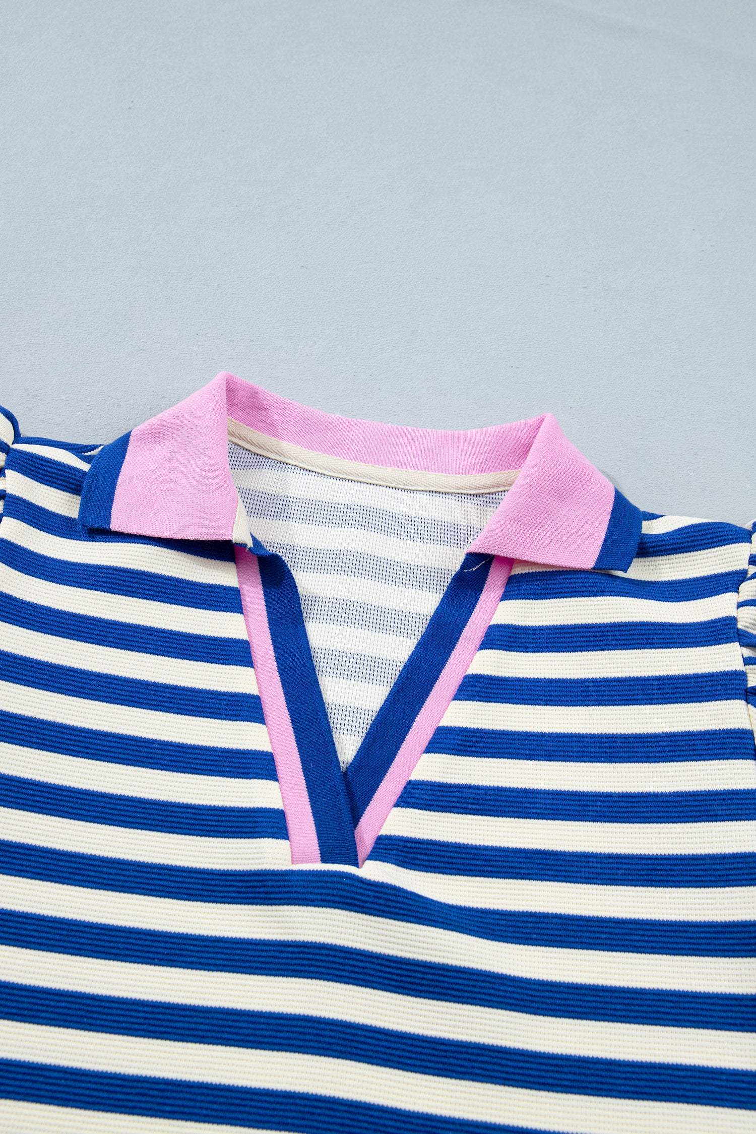 Rose Stripe Contrast Trim Polo Collar Ruffled Short Sleeve Blouse