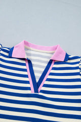 Rose Stripe Contrast Trim Polo Collar Ruffled Short Sleeve Blouse