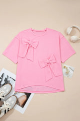 Pink Solid Color Raw Edge Bow Patch Loose T Shirt