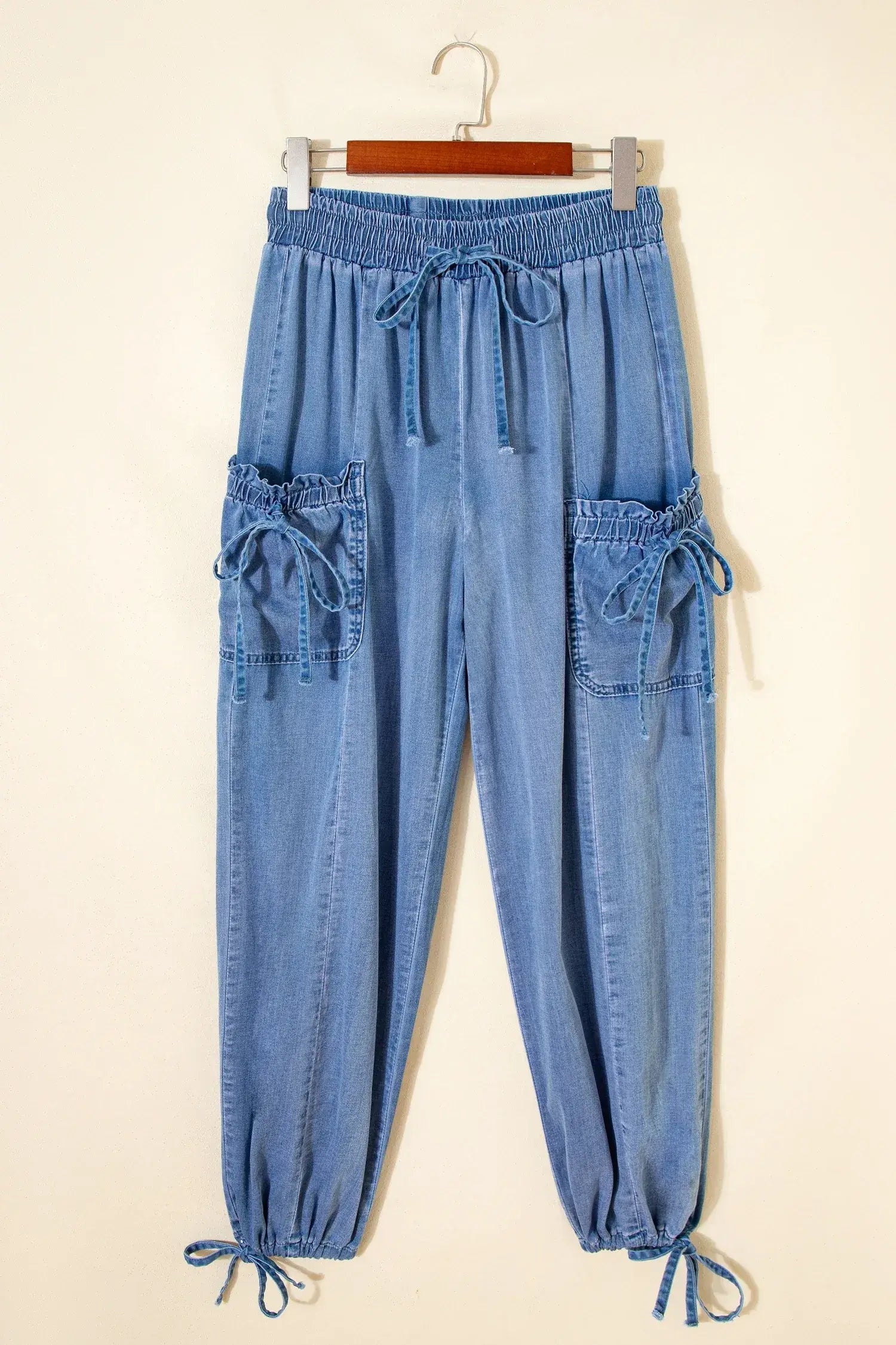 Beau Blue Drawstring Elastic Waist Pocketed Loose Denim Pants