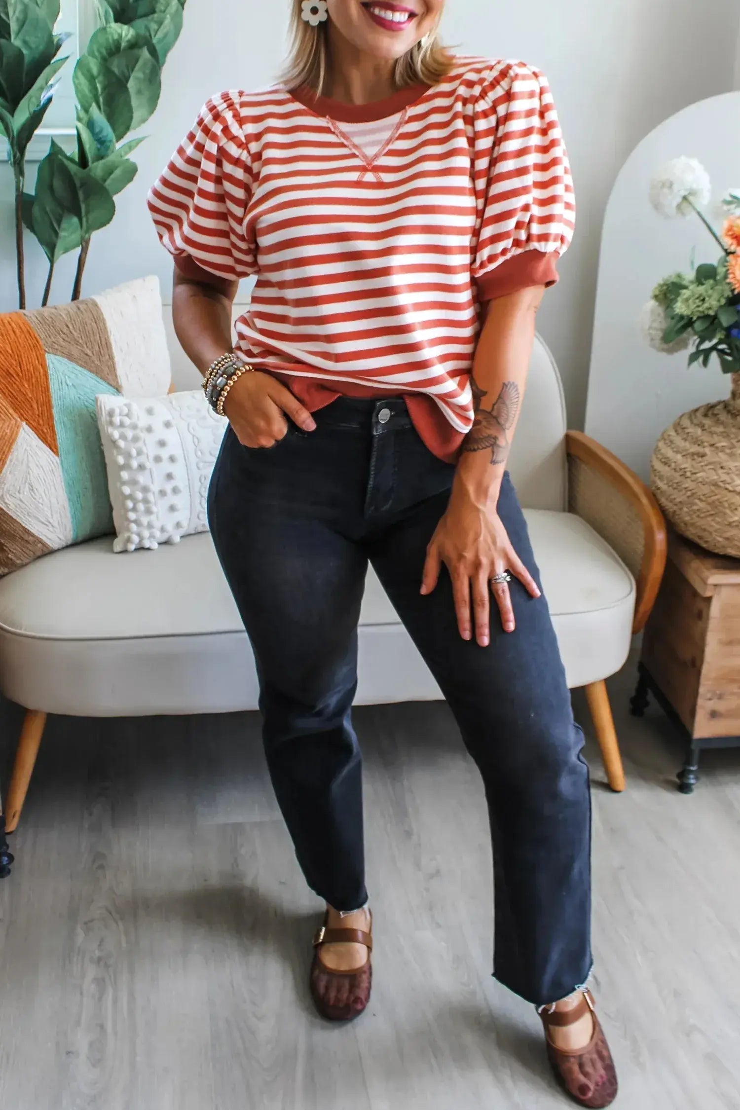 Khaki Stripe Short Bubble Sleeve T Shirt