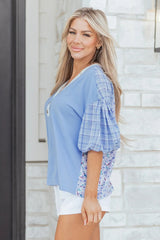 Beau Blue Color Block Plaid Bubble Sleeve Patchwork Blouse