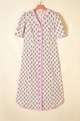 Pink Floral Print V Neck Scallop Trim Button Front Short Sleeve Long Dress