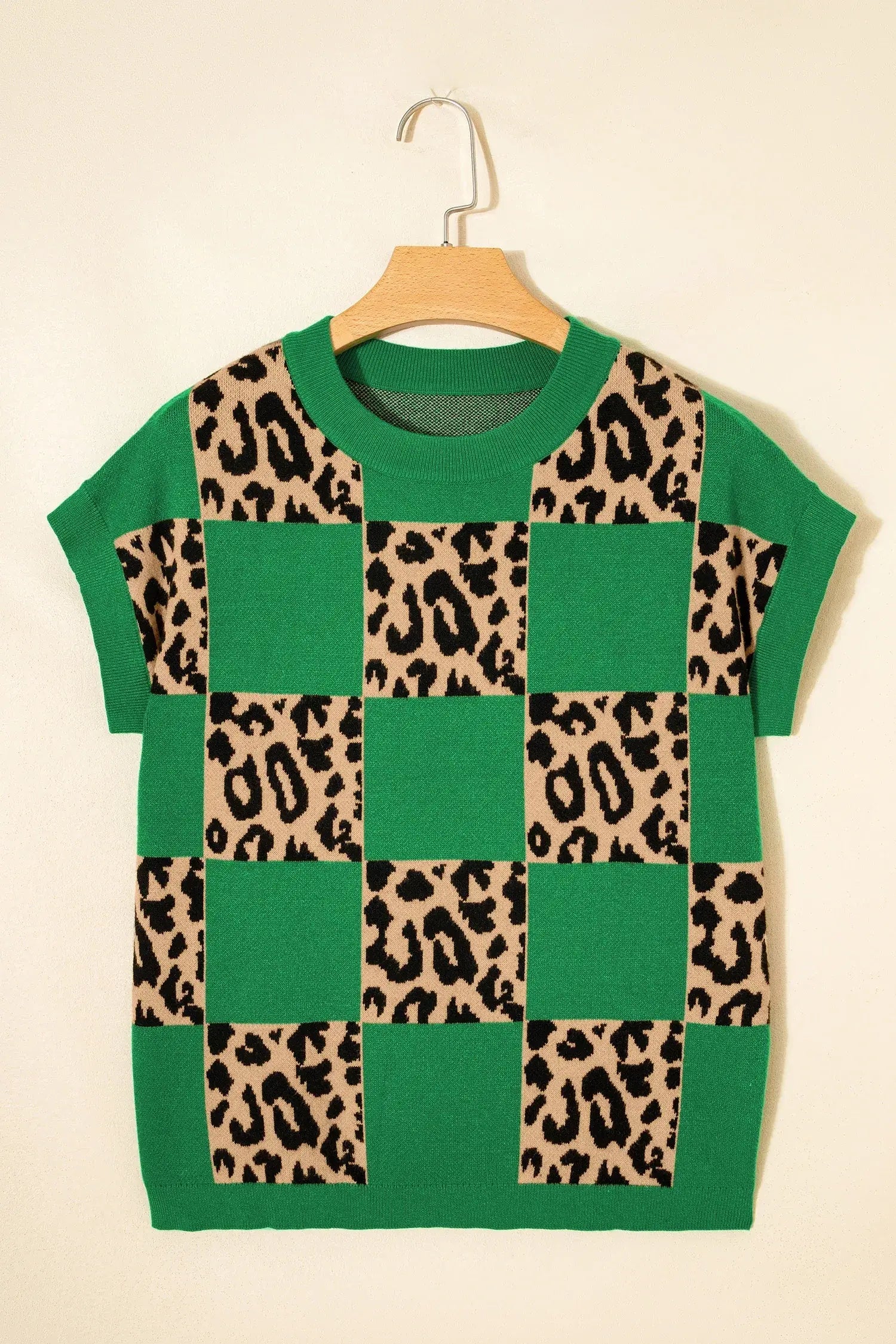 Red Leopard Checkerboard Short Sleeve Knit Sweater