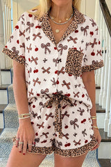 White Chic Bow Cherry Printed Leopard Contrast Patchwork Shirt Drawstring Shorts 2pcs PJ Set