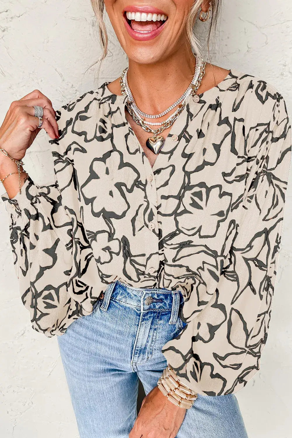 Gray Morn Floral Print Batwing Sleeve Buttoned Loose Fit Shirt