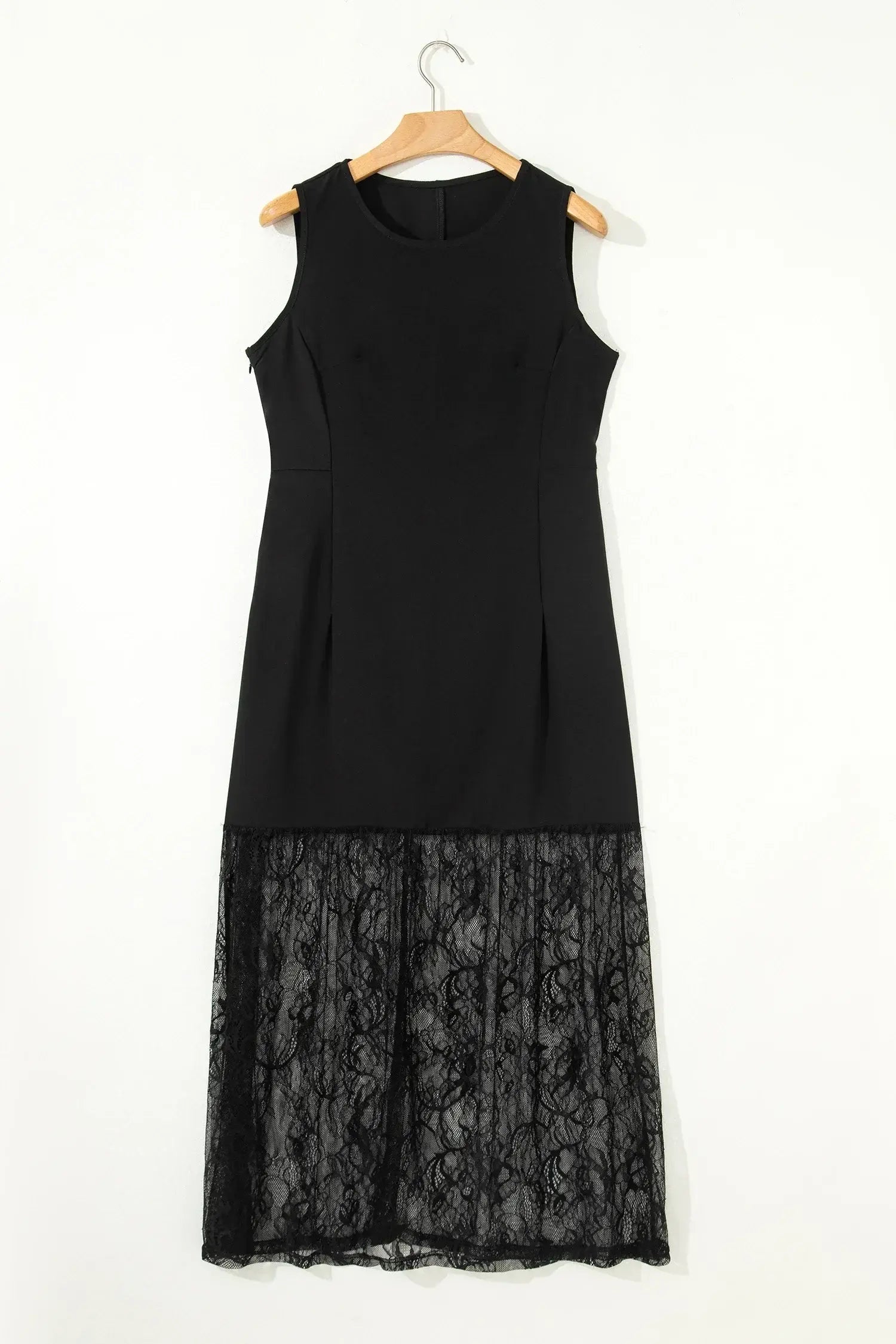 Black Solid Color Sleeveless Sheer Floral Lace Patchwork Long Dress
