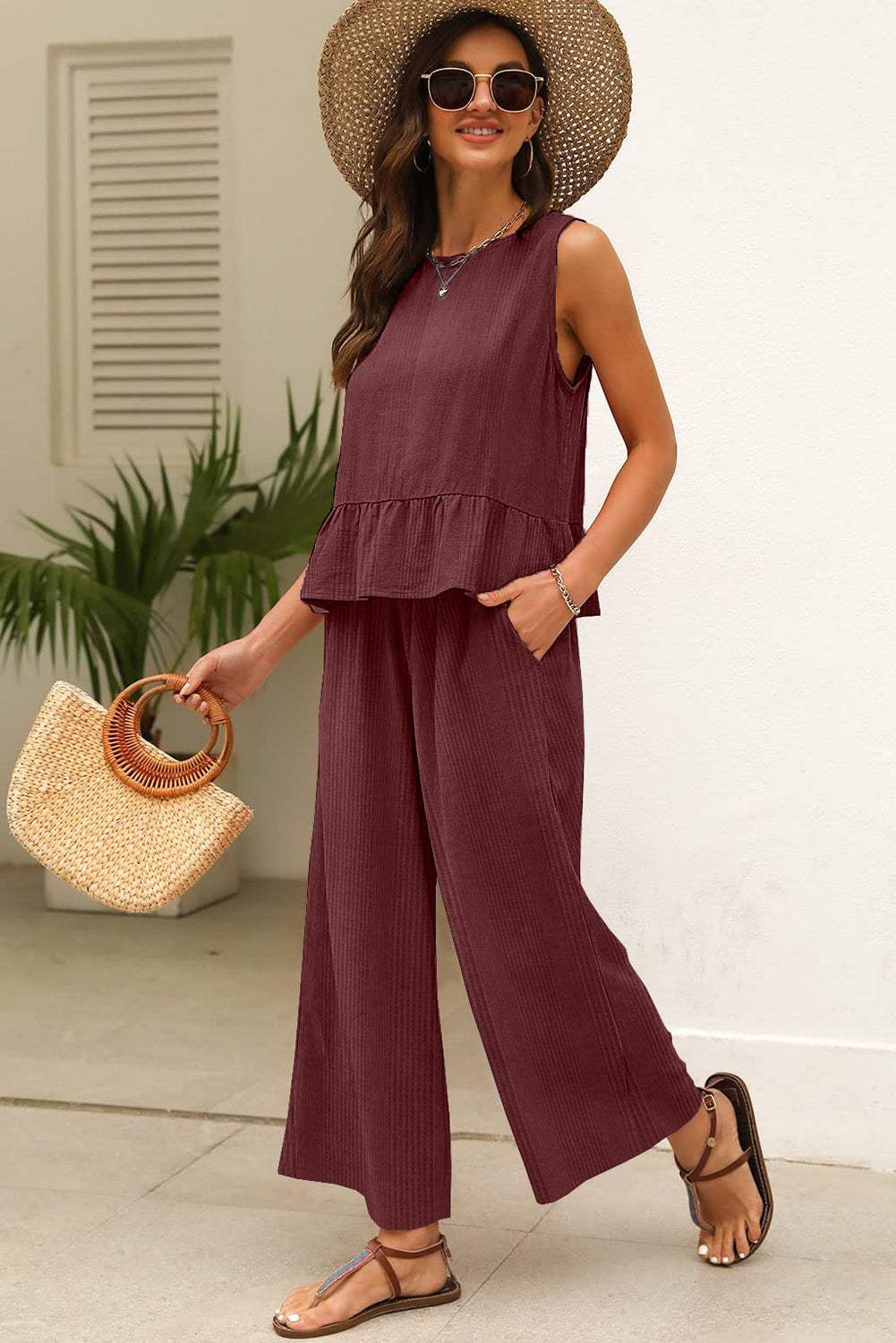 Beau Blue Solid Color Ribbed Ruffle Tank Top and Pants Set
