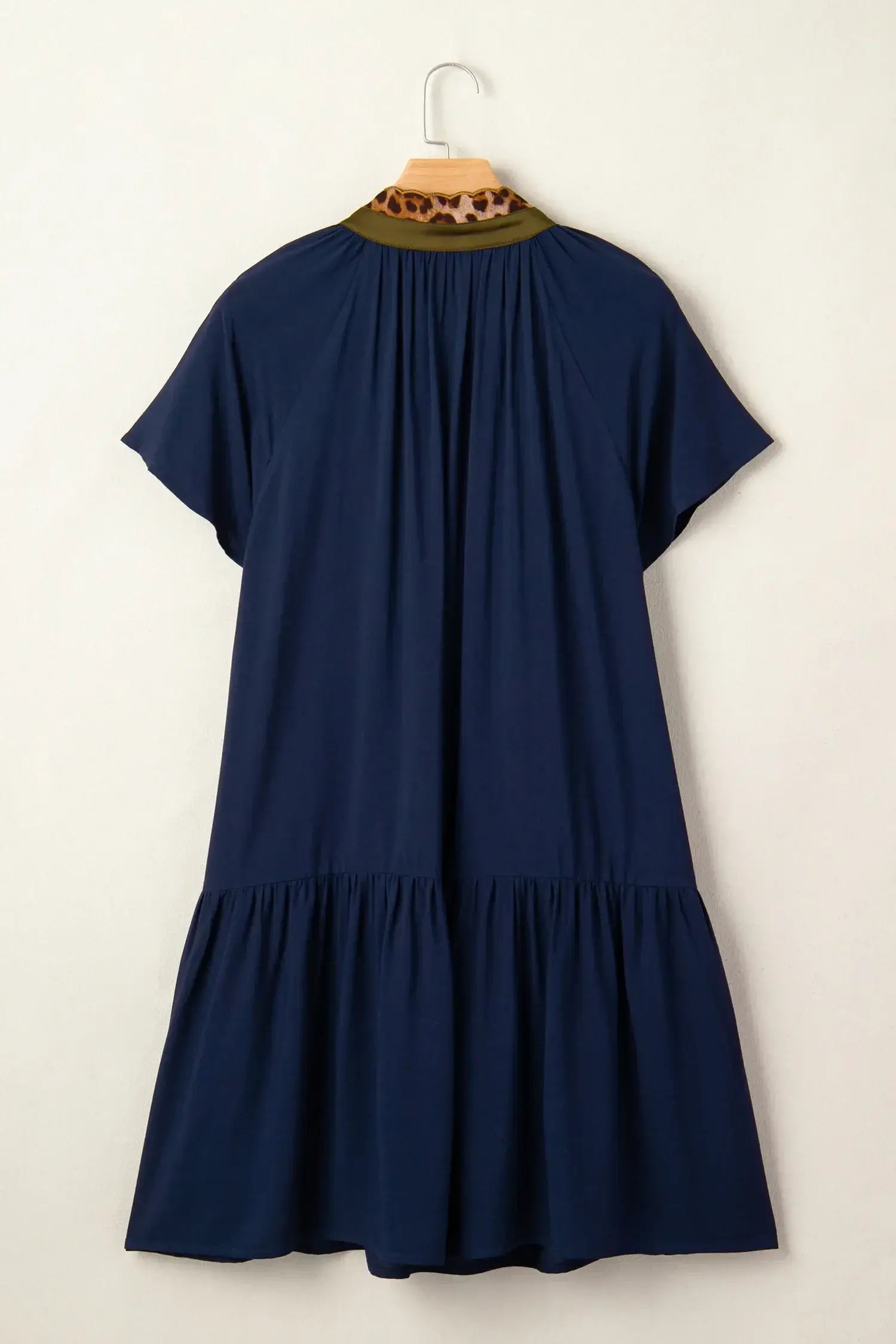 Navy Blue Button Detail Leopard Metallic Trim Short Sleeve Tunic Dress
