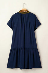 Navy Blue Button Detail Leopard Metallic Trim Short Sleeve Tunic Dress