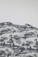 Green Retro Camouflage Print Raw Edge V Neck Tee