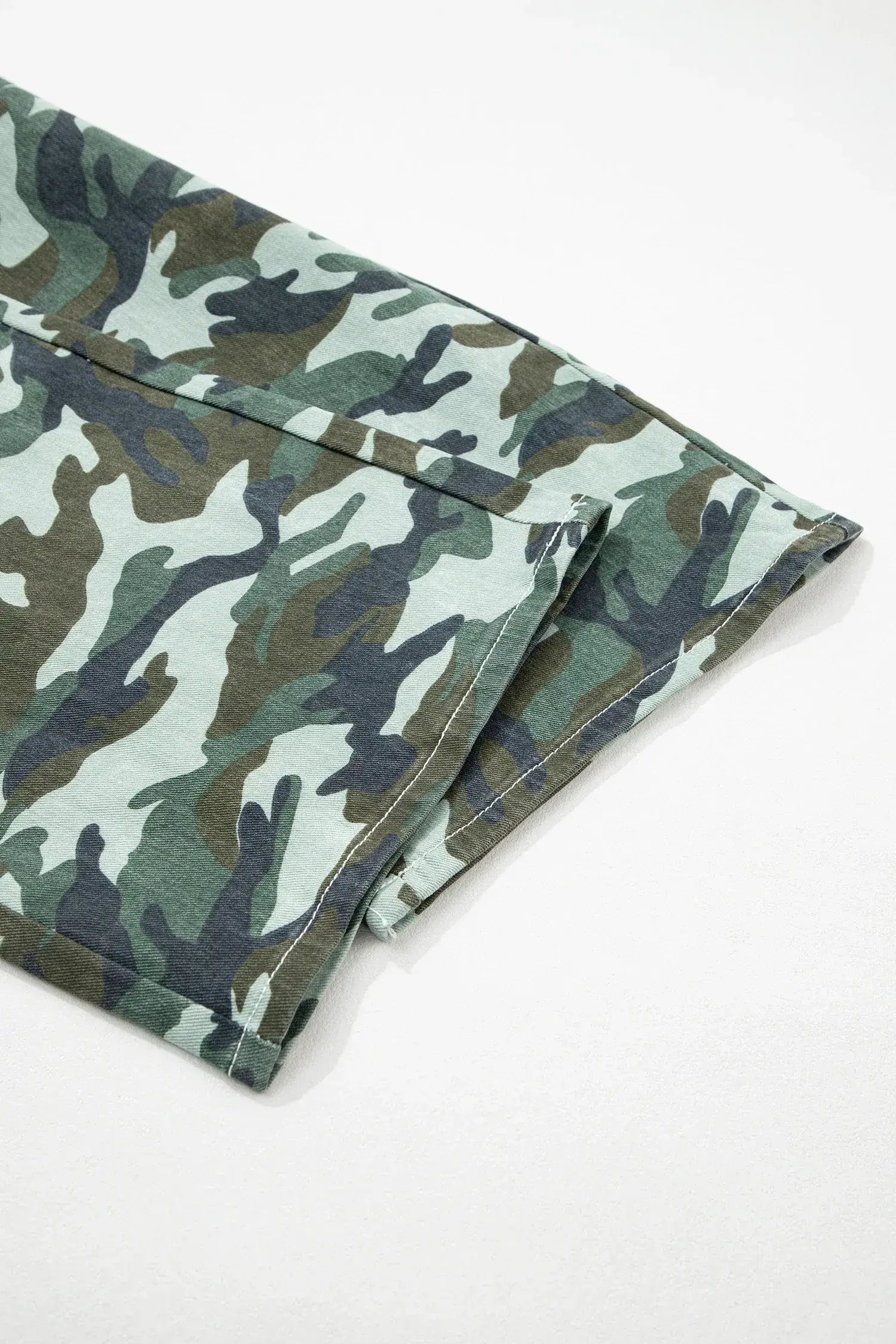 Green Camouflage Print Wide Leg Drawstring Denim Pants