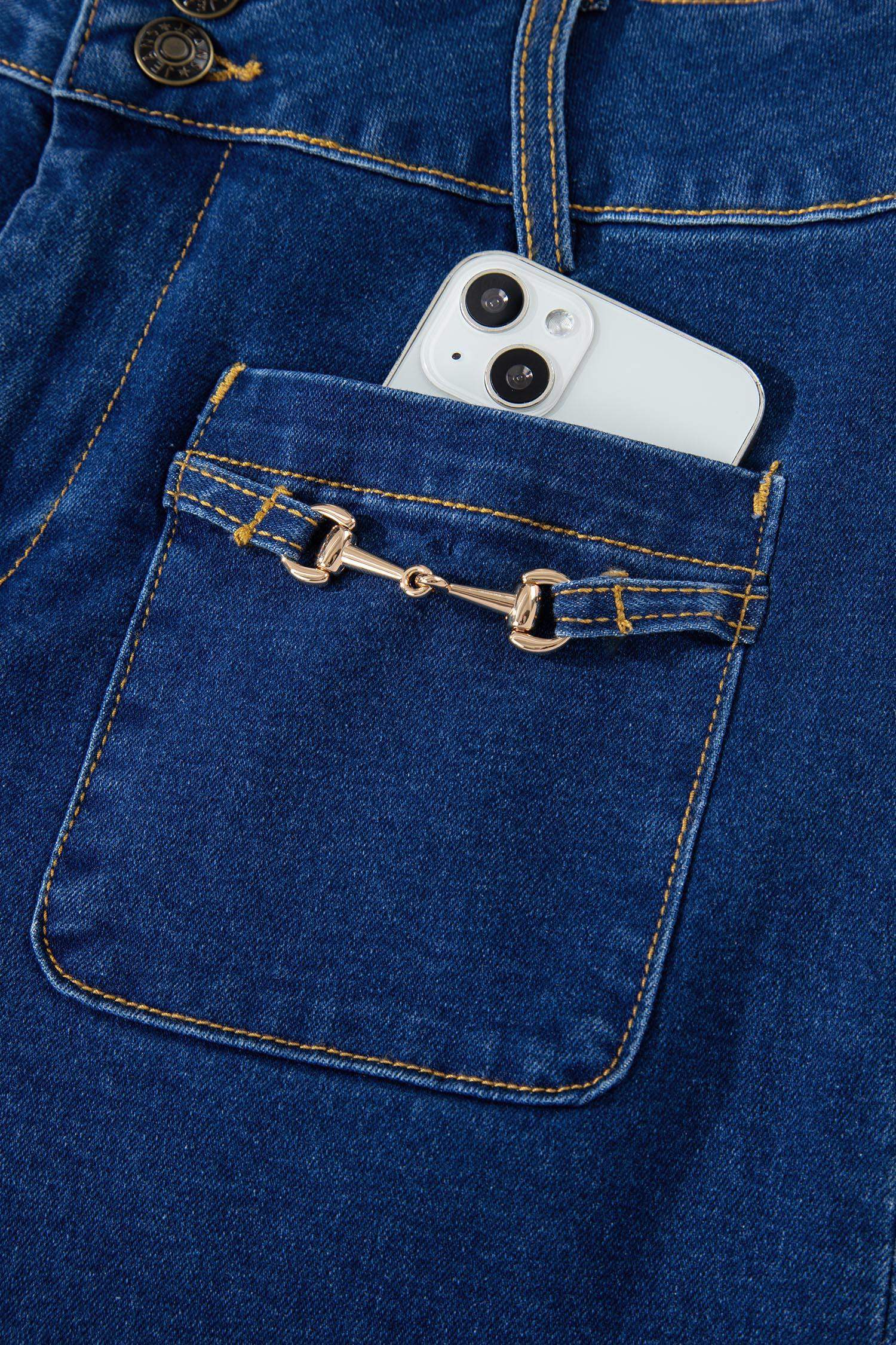 Sail Blue Hardware Decor Patched Pockets Wide Leg Denim Pants