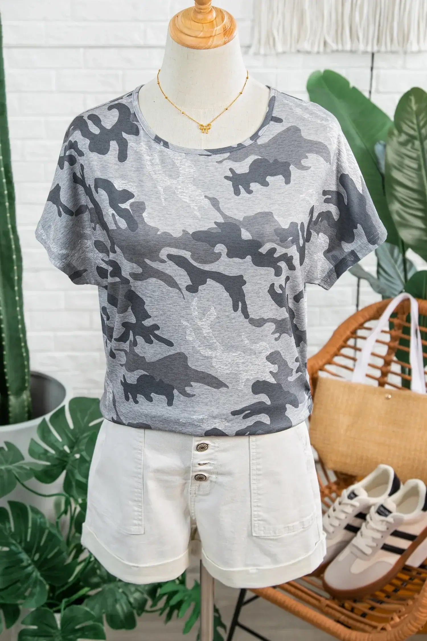 Gray Camouflage Print Round Neck T Shirt