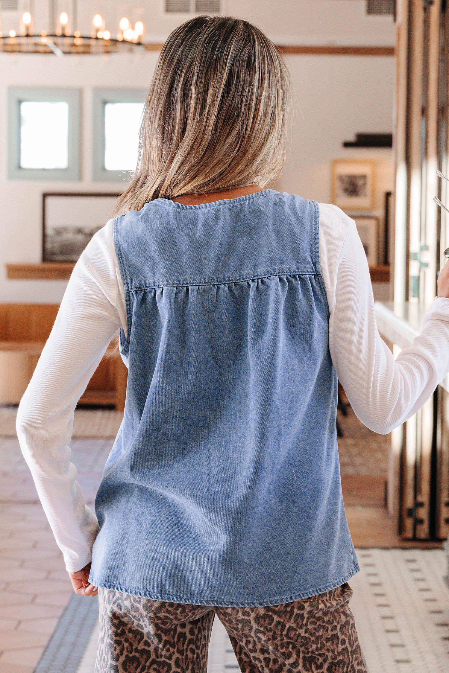 Myosotis Denim Pleated Patchwork Sleeveless Top