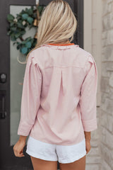 Khaki Stripe Color Block Patchwork Detail Frilled Collar Button Down Shirt