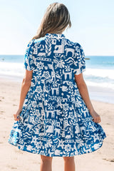 Blue Ricrac Trim Split Neck Floral Loose Dress