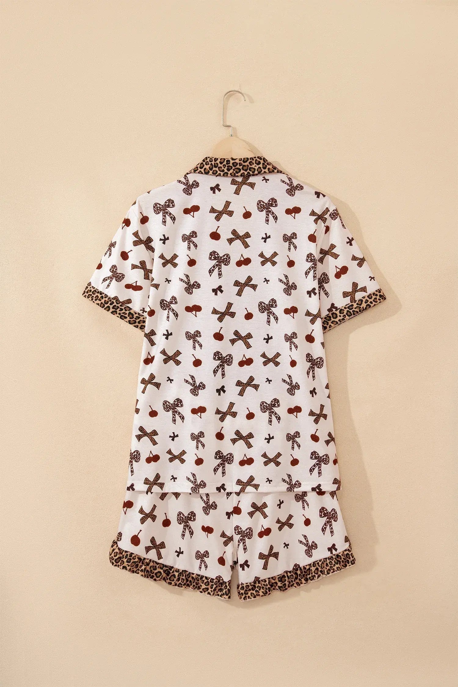 White Chic Bow Cherry Printed Leopard Contrast Patchwork Shirt Drawstring Shorts 2pcs PJ Set