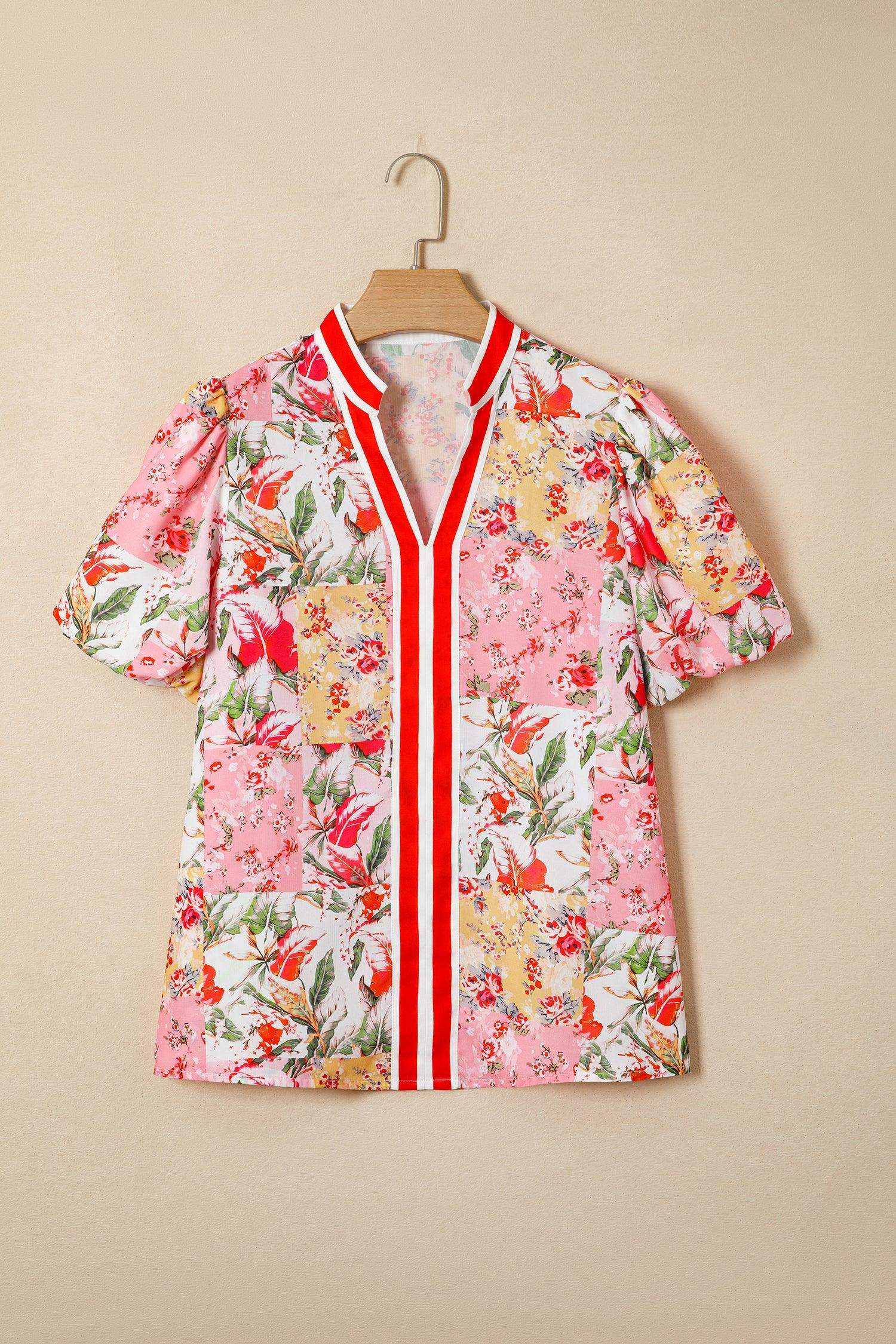 Pink Contrast Collared V Neck Short Sleeve Floral Blouse