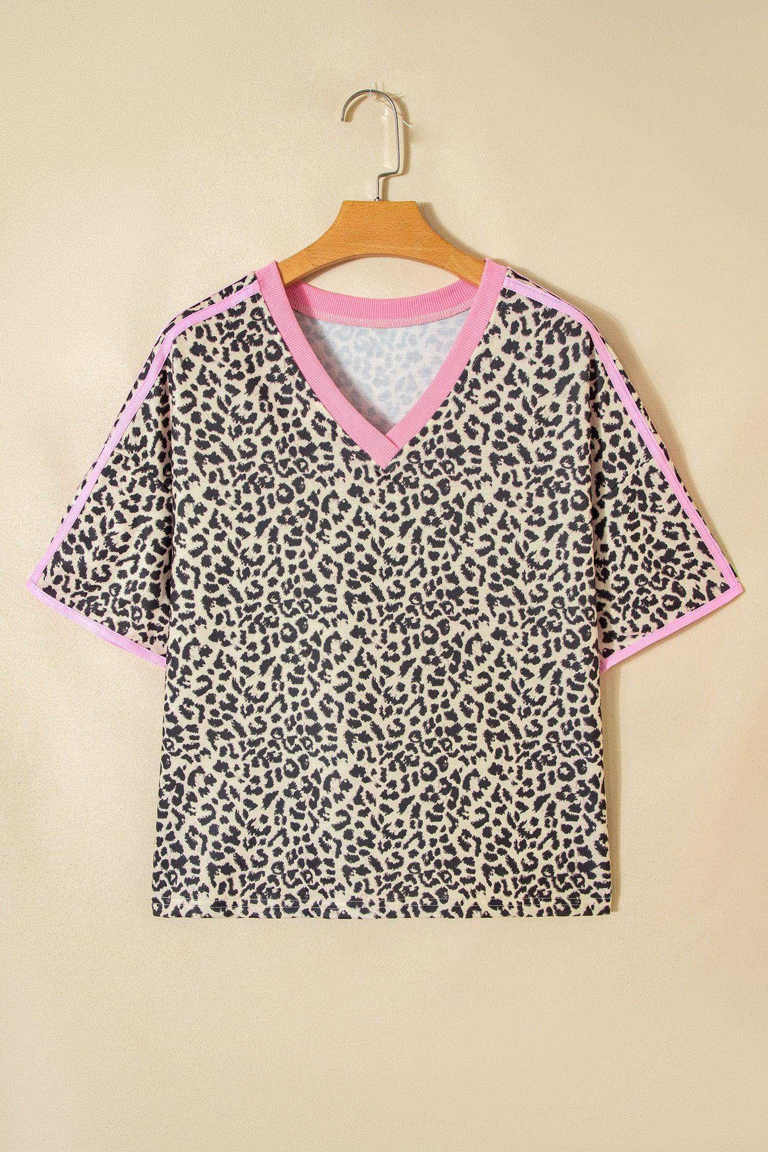 White Contrast V Neck Varsity Short Sleeve Leopard Top