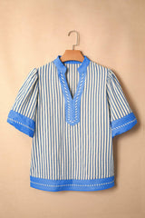Sky Blue Stripe Color Block Detail V Neck Short Sleeve Blouse