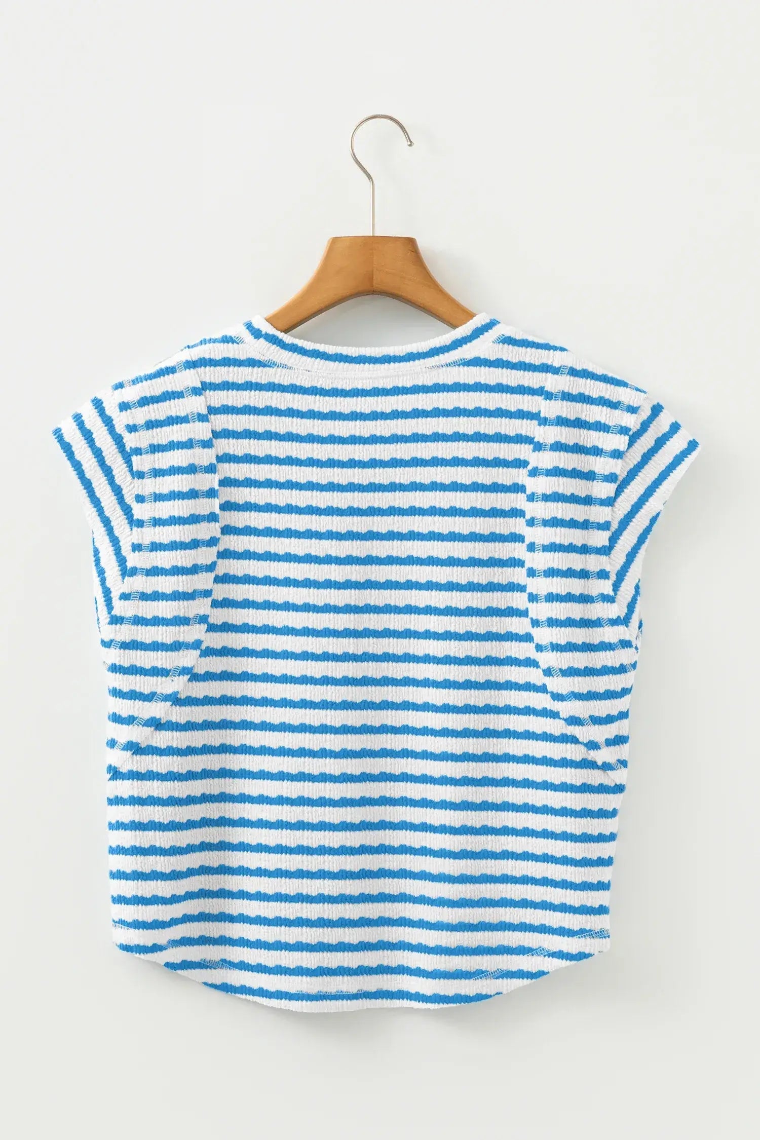 Blue Stripe Textured Short Sleeve Patchwork T Shirt