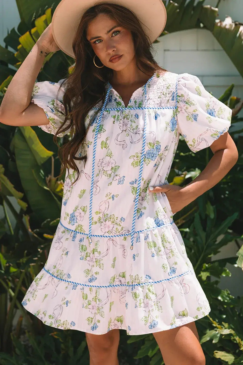 Pink Floral Striped Print Contrast Trim Tie Split Neck Mini Dress