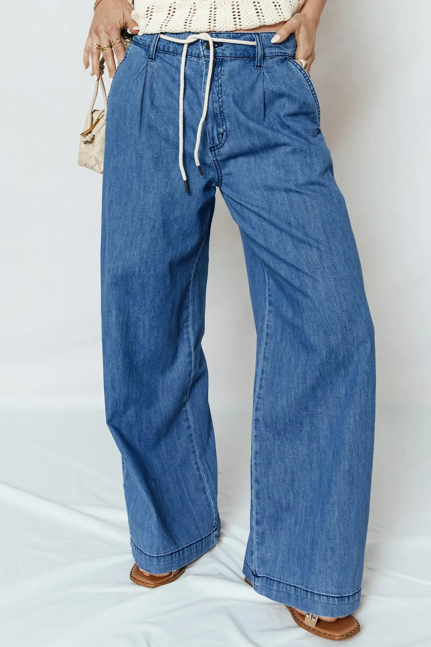 Dusk Blue Lace-up Pull on Wide Leg Jeans