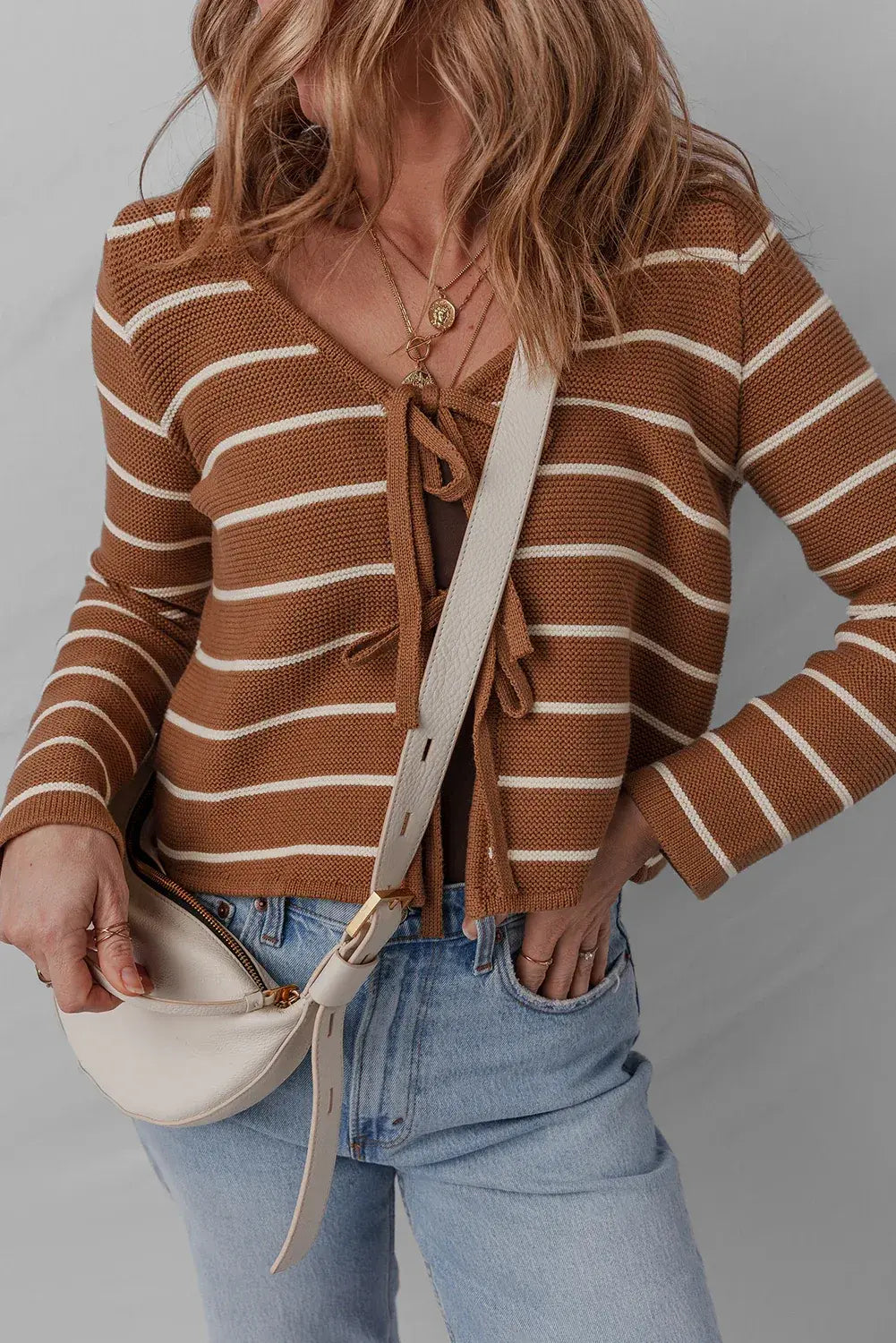 Chestnut Tie Front Striped Knit V Neck Cardigan Sweater