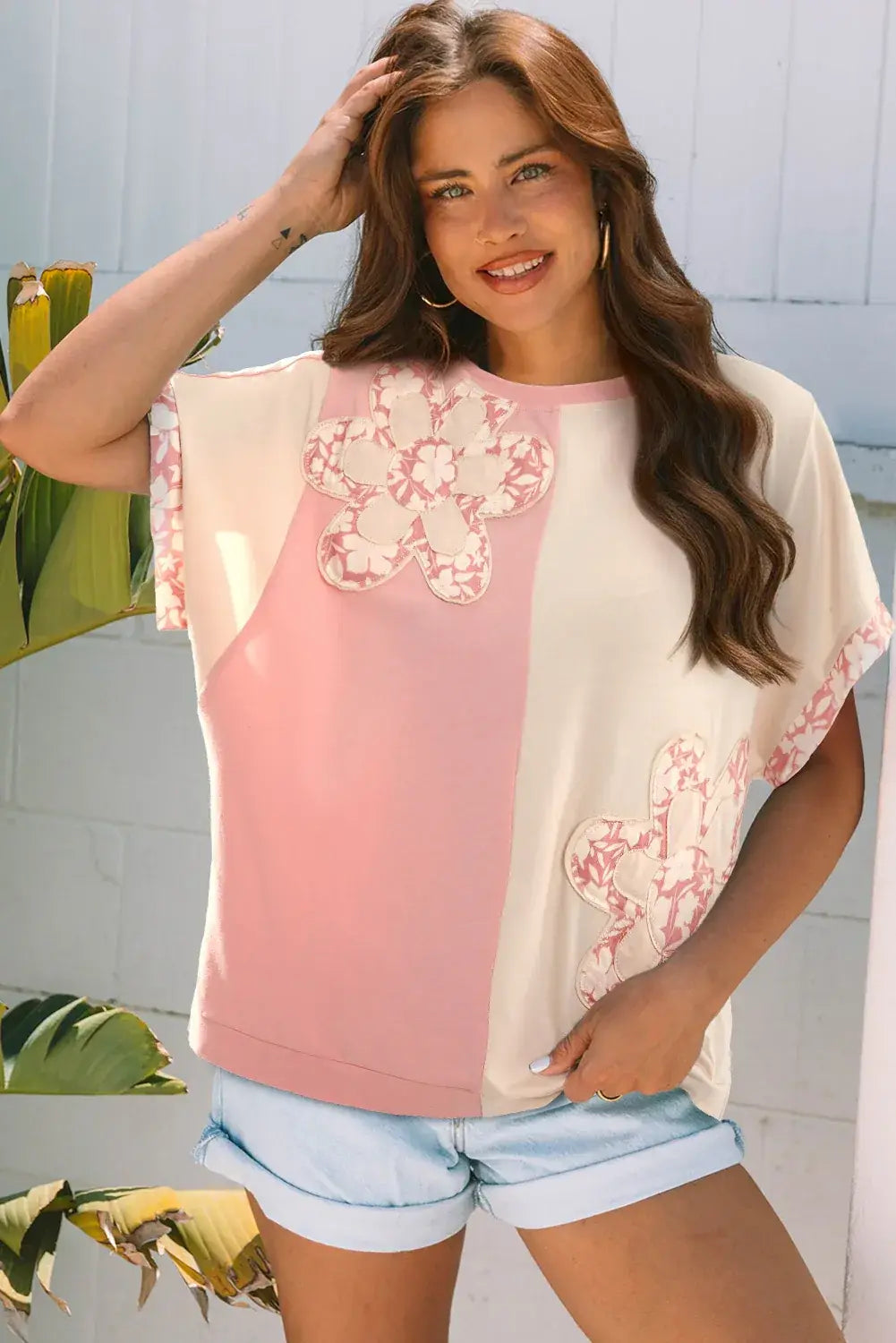 Apricot Color Block Flower Patched Loose T Shirt