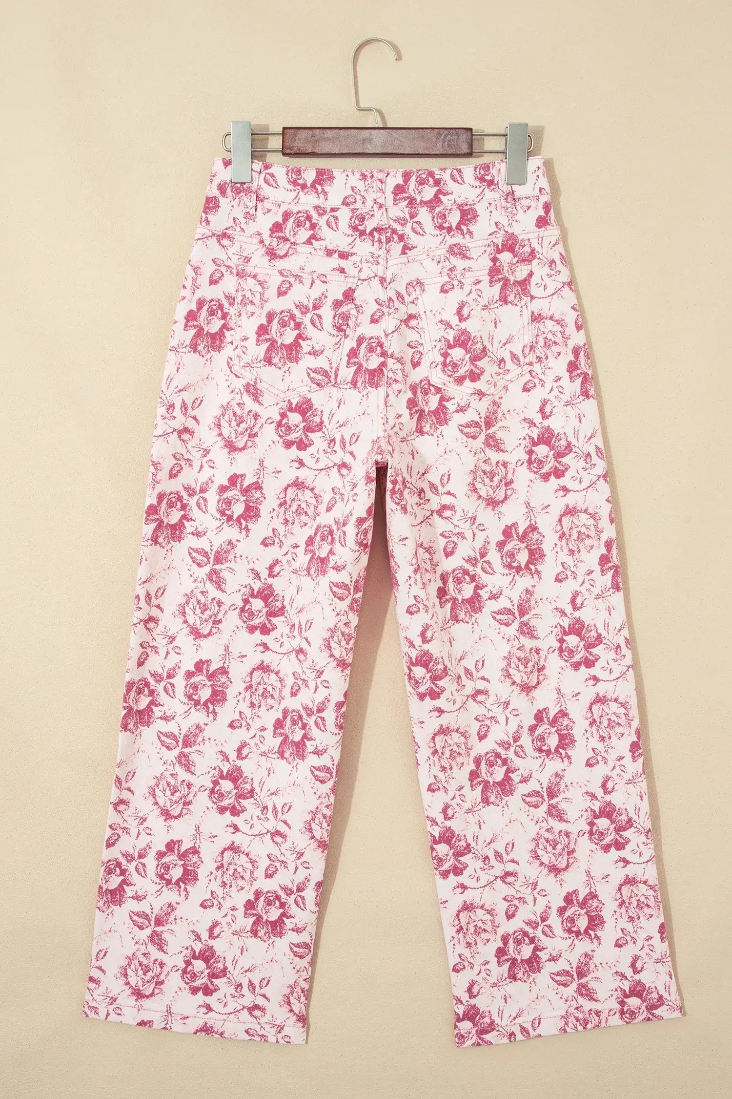 Pink Vintage Floral Print Denim Shift Pants